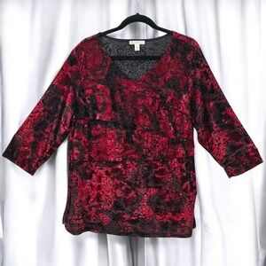 Christopher & Banks Velvet Burnout Top Floral V Neck Blouse Red Black‎ Woman 1X
